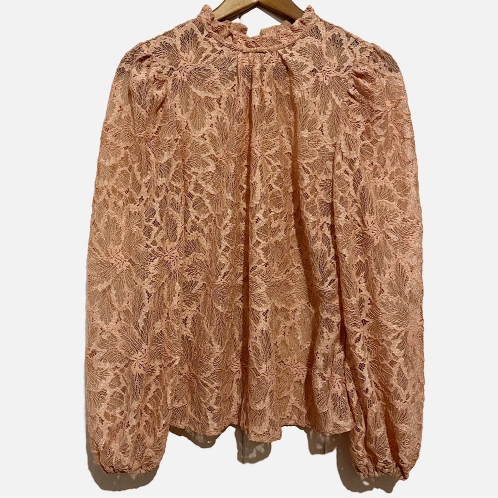 WAYF Dusty Rose Pink Emma Puff Sleeve Lace Mock Neck Blouse. Size Large.